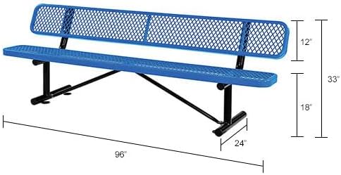 Global Industrial 8'L Heavy Duty Expanded Metal Mesh Bench with Backrest with Steel Frame, Portable Outdoor Bench, 1000 lbs Capacity, Blue, 96" L x 24" W x 33" H