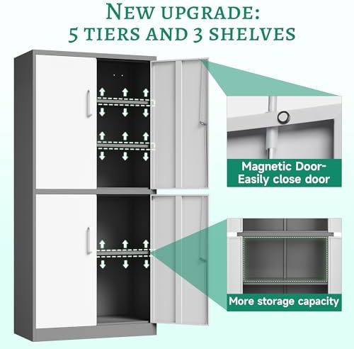 Letaya Metal Storage Cabinet with Lock Door, Adjustable Shelf Steel Cabinets for Office, Home,Pantry,Kitchen,Garage Utility Cabinet (4 Door-White&Gray)