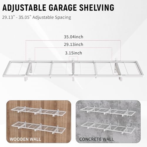 2 Pack Garage Wall Shelving, 46" x 12.5" Heavy Duty Storage Racks, Garage Shelves Wall Mounted with 8 Hooks, 320 LBS Capacity Floating Metal Shelf Organizer for Laundry Room, Basement, Workshop