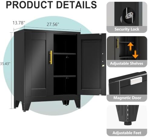 Small Metal Storage Cabinet, Lockable Tool Cabinet with Doors and 2 Shelves