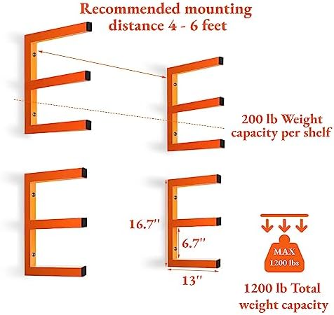 MOOMSINE Lumber Storage Rack Wall Mounted, 6-Level Holds Up 1200 Lbs Heavy Duty Wood Organizer, Metal Shelf for Shed, Workshop, Garage - 4pack, Orange