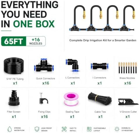 5/16" Drip Irrigation System 65 ft with 16-Pcs 360° Adjustable Copper Nozzles, Automatic Misting Watering System for Garden, Raised Beds, Greenhouse (65ft+16 nozzles)