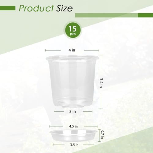 FUIJOL 4 Inch Clear Nursery Pots for Plants with Sacuers 15 Pack, Plastic Flower Pots with Drainage Holes, Variety Pack Seedlings Garden Pot for Indoor Outdoor (4 inch)