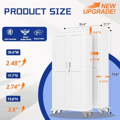 GAIOUS 73.6” Tall Metal Garage Storage Cabinet with Lock, Steel Tool Cabinet with 5 Adjustable Shelves, New Upgrade Lockable File Cabinet with Wheels, Organization for Home Office Garage Gym - White