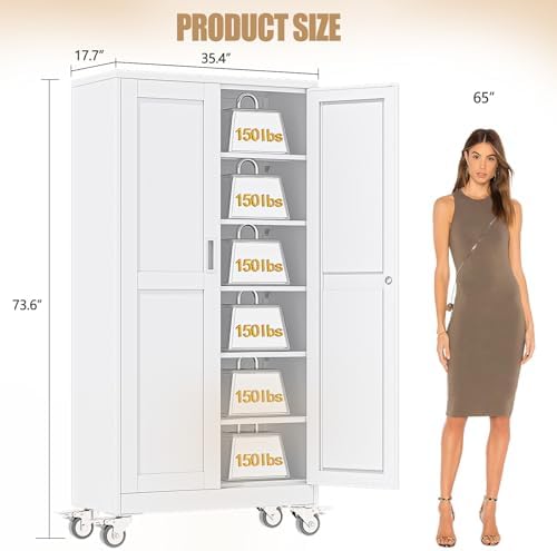 74" H Metal Pantry Storage Locker Cabinet with Wheels,Rolling Kitchen Pantry Cabinet with 2 Doors and 5 Adjustable Shelves, Lockable Steel Garage Tool Cabinet Organization for Home,Gym,School,White