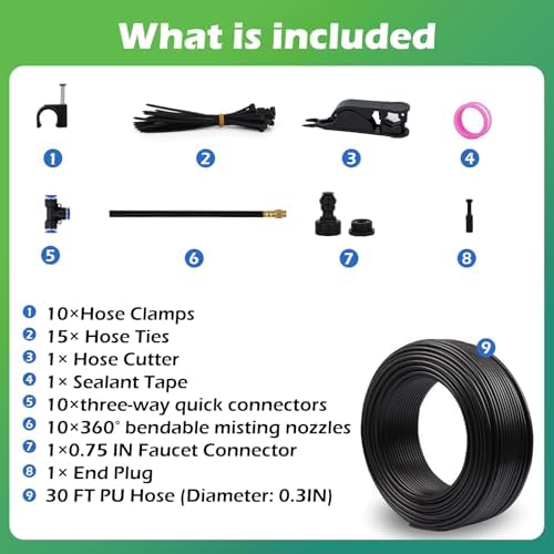 Drip Irrigation System 30 FT with 10 Nozzles, 360° Adjustable Bendable Garden Watering Misting System for Greenhouse, Yard, Lawn, Plant, Garden, 5/16 inch Hose (OD: 8mm)