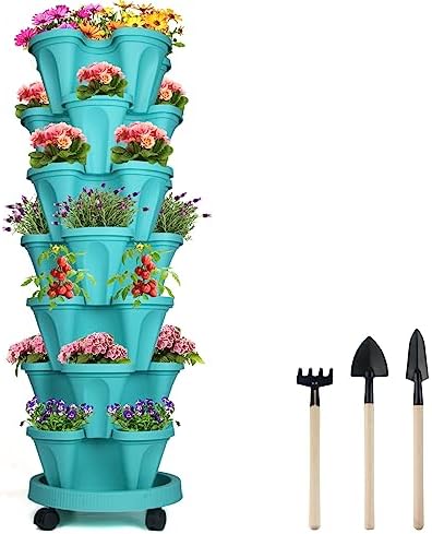 DUNCHATY Stackable Planter, Vertical Garden Planter with Wheels and Tools, Self Watering Strawberry Planter Indoor/Outdoor 7 Tier Herb Planter Pots for Growing Vegetables and Succulents, Teal