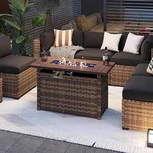 Aoxun 44" Propane Fire Pit 50,000 BTU Outdoor Wicker Fire Table Patio Rectangular 2-in-1 Gas Fire Pit Table with Firepit Lid and Waterproof Cover（Brown Rattan，Brown Top）