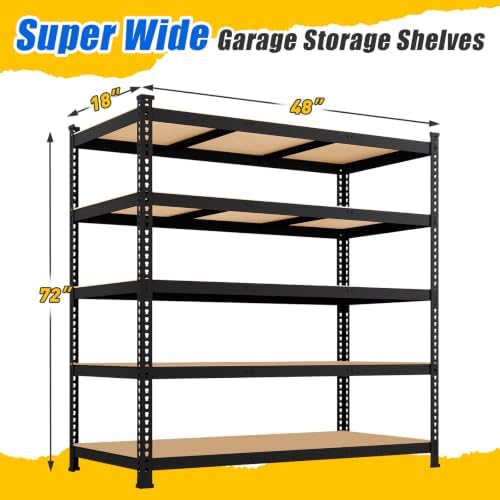 48" W x 18" D x 72" H Garage Shelving Heavy Duty - 5 Tier Metal Storage Shelves, Adjustable Shelving Unit, Utility Rack Shelf for Pantry, Warehouse, Closet, Office, Kitchen, Black