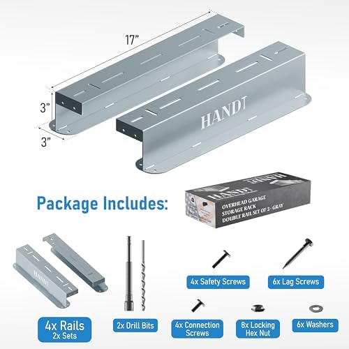 USA Based Overhead Garage Storage Rack, Connectable Heavy Duty Metal Ceiling Rails Garage Storage Organization Shelving System, Hanging Racks Tote Containers, Supports Up To 3 Bins, 2 Sets Gray