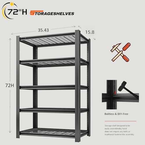 5-Tier Heavy Duty Garage Shelving, 3,000 lbs Capacity Adjustable Metal Storage Shelving Unit for Garage, Basement, Pantry & Utility Room, 35.43" W x 15.8" D x 72" H