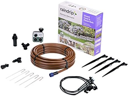 Raindrip SDGCBHP Automatic Drip Irrigation Watering Kit with Timer for Ground Cover & Flower Beds, Waters up to 200 Sq. ft, Timer with Customizable Settings & 13 GPH Half-Circle Adjustable Sprayers, Black;Galvanized Steel;Brown