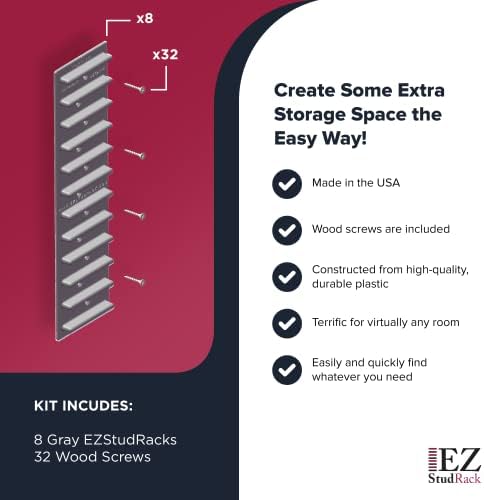 Made in USA EZStudRack Adjustable Shelf Brackets, 8-Pack (4 Pairs) – Easy-to-Adjust One-Row Storage for Custom-Fit Shelves – Your Items, Your Wood, You Supply It