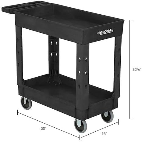 Global Industrial Industrial Service & Utility Cart, Plastic 2 Shelf Tray Black, 38” x 17-1/2”, 5" Rubber Casters