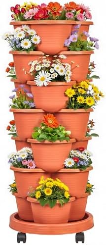VECELO 7 Tier Vertical Garden Planter, Self Watering Stackable Planters with Wheels for Strawberries, Herbs, Flowers, Vegetables, Red