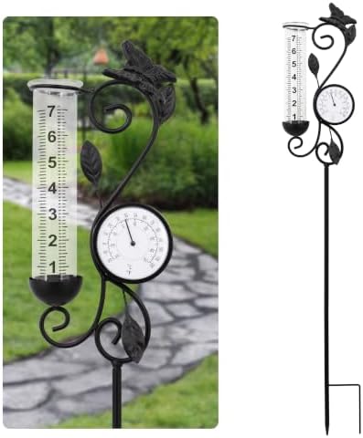 Butterfly Rain Gauge Garden Decor, 32" Thermometer Patio Decor, 7" Capacity Rain Gauge Replacement Tube Glass, Outdoor Temperature Patio Decor