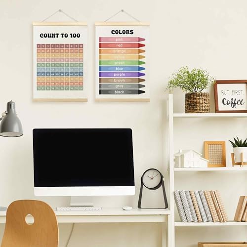 TLESKE 1-100 Numbers Hundreds Colors Chart Poster Hanger Frame for Toddler Kid Classroom Set of 2, Homeschool Hanging Wall Art Decor for Nursery Playroom, Preschool Learning Educational Poster, 12x16
