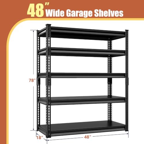 5-Tier Garage Shelving Heavy Duty, 48''W x 18''D x 78''H Metal Shelving Unit, 2400 lbs Weight Capacity Adjustable Storage Shelves for Retiple Tanks, Aquariums, Pantry, Black