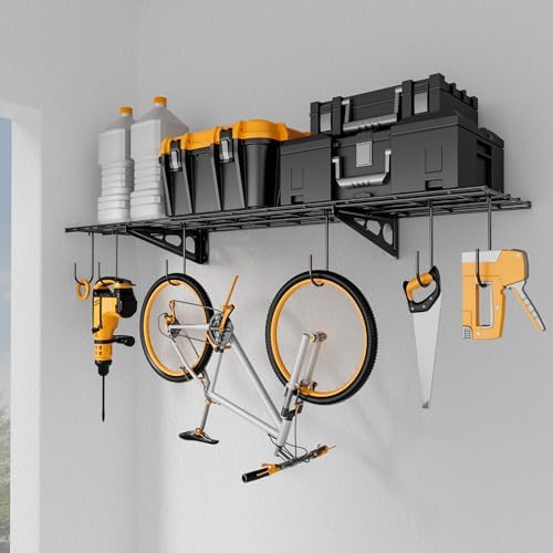 1-Pack 1x4 ft Garage Shelving with 6 Bike Hooks, 150lbs Load, Black
