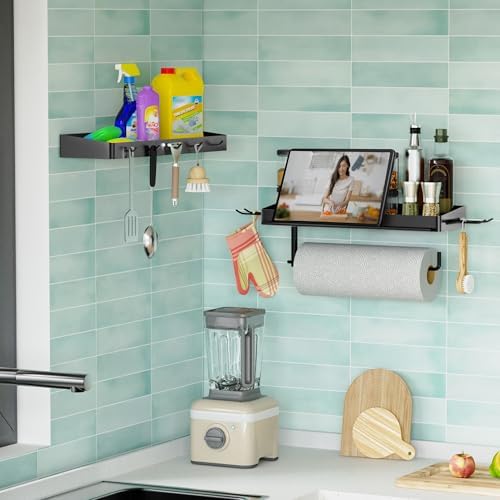 ZUNTO Pack of 2 Black Paper Towel Holder and Organizer Shelf for Garage, Wall Mounted Paper Roll Holder with Shelf and Hooks, Drilling Garage Organization and Storage
