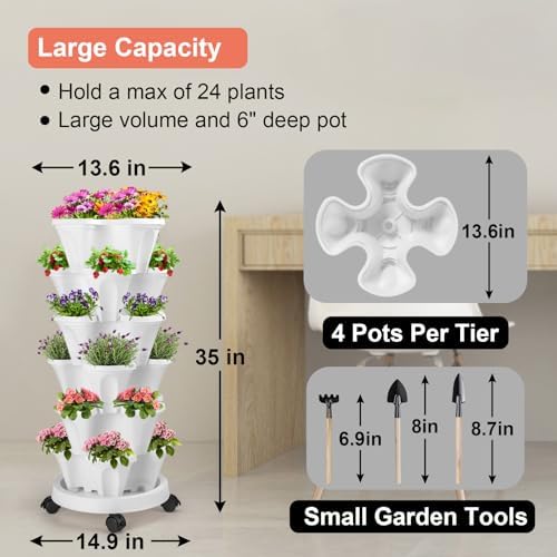 GameXcel Vertical Planter Tower - 6 Tier Stackable Garden Planters with Wheels and Tools Plant Pots for Strawberry Herb Flower and Vegetable Indoor Outdoor Use White