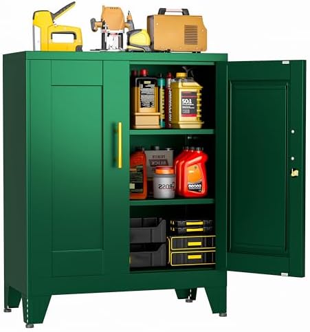 Small Metal Storage Cabinet, Lockable Tool Cabinet with Doors and 2 Shelves
