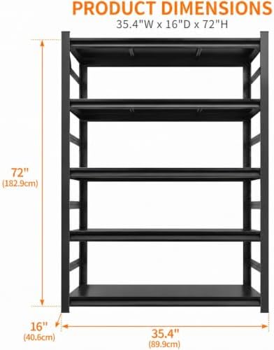 72"H Metal Garage Shelving Unit, Heavy Duty 5-Tier Adjustable Storage shelves, Steel Shelving, 3000 LBS Capacity, Industrial Shelves for Heavy Tools and Equipment, Ideal for Garage, Basement, Black