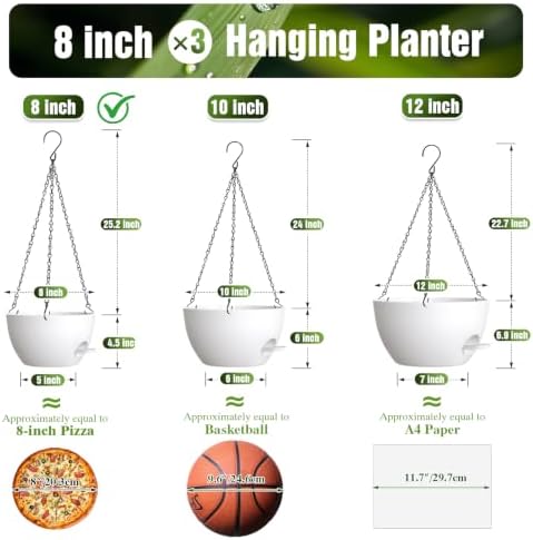 8 Inch Self Watering Hanging Planters Set of 3 with Saucers
