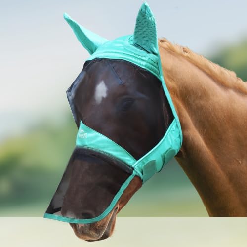 Harrison Howard CareMaster Pro Luminous Horse Fly Mask Large Eye Space Long Nose with Ears UV Protection for Horse Summer Mint M Cob