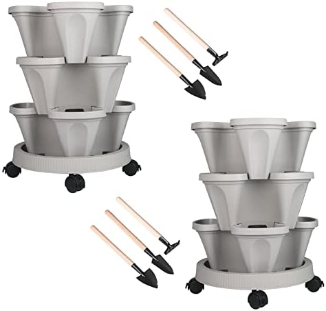 GameXcel Vertical Planter Tower - 3 Tier Stackable Garden Planters with Wheels and Tools Plant Pots for Strawberry Herb Flower and Vegetable Indoor Outdoor Use Gray 2 Pack
