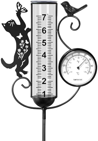 shumi Rain Gauge Outdoor with Thermometer, Decorative Cat Rain Gauge