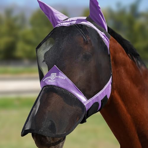 Harrison Howard Pro Luminous Horse Full Face Fly Mask Large Eye Space Long Nose with Ears UV Protection for Horse Gentle Lavendar XL