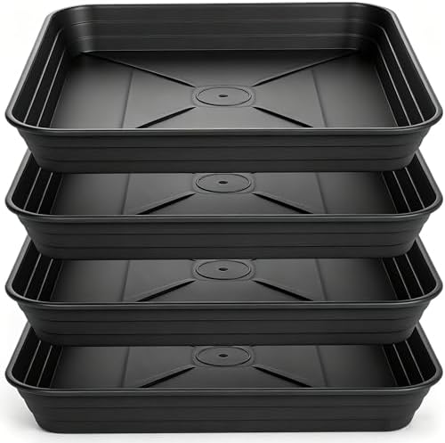 6 Inch 4 Pack Square Plant Saucer Tray, Heavy Duty Plastic Plant Saucers for Indoors Outdoor, Flower Planter Drip Trays for Pots, 6 8 10 12 14 16 18 20 inch, Growing Trays (6"-Black)