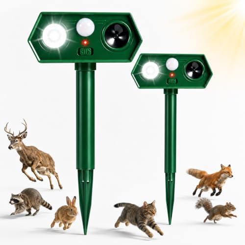 2026 Solar Ultrasonic Motion Activated Animal Repellent Sonic Fortress Pro Deer Repellent for Plants, Waterproof Racoon Repellent Ultrasonic Squirrel Repeller Outdoor with Light for Cat Rabbit(2Pack)