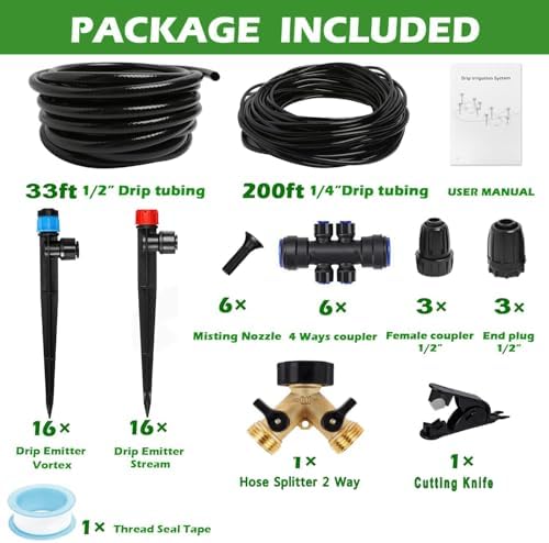 233FT Drip Irrigation System Kit with Quick-Connect System,33FT 1/2" Mainline & 200FT 1/4" Tubing,Brass Y-Type Splitter,Adjustable Nozzle Types.Garden Efficient Sprinkler System Kit