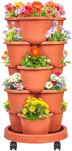 VECELO 5 Tier Vertical Garden Planter, Self Watering Stackable Planters with Wheels for Strawberries, Herbs, Flowers, Vegetables, Red