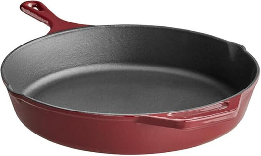 Commercial Grade, Cast Iron Enameled Cookware (Dark Red, Skillet 12”)