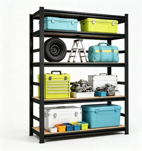 Garage Shelving, 3000 LBS Heavy Duty Metal Storage Shelves with Anti-Fall Rails, 5-Tier Adjustable Wooden Storage Rack for Garage, Warehouse, Basement, 35.4" W x 15.7" D x 72" H