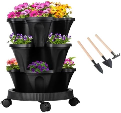 GameXcel Vertical Planter Tower - 3 Tier Stackable Garden Planters with Wheels and Tools Plant Pots for Strawberry Herb Flower and Vegetable Indoor Outdoor Use Black
