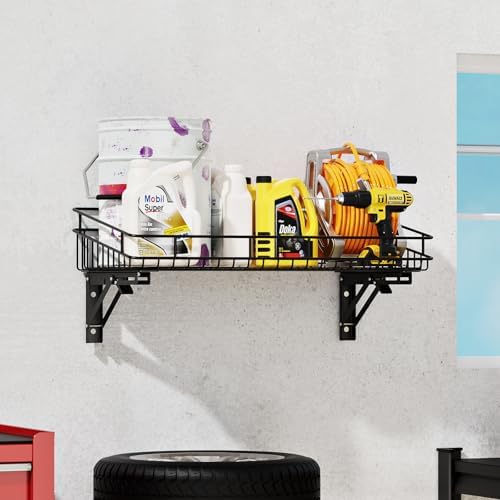 ULIBERMAGNET Large Folding Garage Shelf,Heavy Duty Wire Basket Storage Shelving,400LB Wall Mounted Storage DIY Folding Utility Racks for Garage, Office, Basement, Closet, Kitchen, Laundry