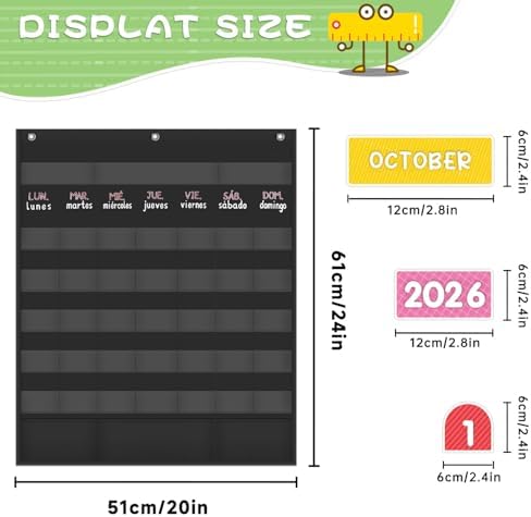 Mewise 20" x 24"Monthly Calendar Pocket Chart Classroom,Monthly Calendar Pocket Chart with Cards for Classroom/Teacher Must Haves Supplies/Classrooms Decor(Spanish Black)