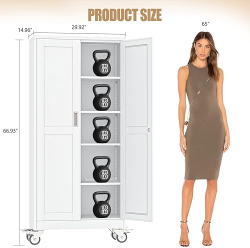 71" H Metal Pantry Storage Locker Cabinet with Wheels,Rolling Kitchen Pantry Cabinet with 2 Doors and 4 Adjustable Shelves, Lockable Steel Garage Tool Cabinet Organization for Home,Gym,School,White