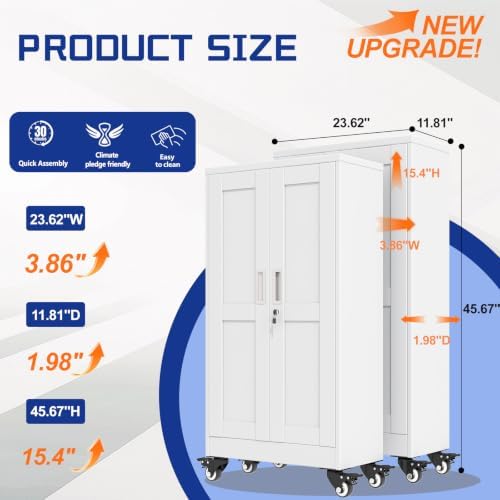 GAIOUS Metal Garage Storage Cabinet with Lock and Wheels, 45.7" Tall Metal Storage Cabinets with Locked Door and 3 Adjustable Shelves, Rolling Tool Cabinet, Utility File Cabinet for Home Office, White