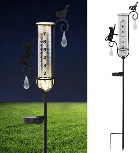 33" Solar Garden Rain Gauge - 7" Glass Tube for Outdoor Indoor Use, Patio Yard Decor Statue,Metal Cat & Bird Rain Gauge.