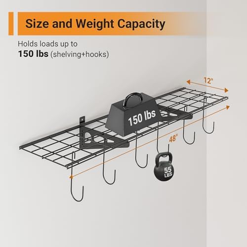 1-Pack 1x4 ft Garage Shelving with 6 Bike Hooks, 150lbs Load, Black