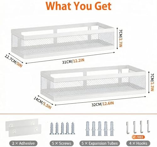 PUSDON Mesh Shower Caddy Wall Mount, Heavy Duty Adhesive Bathroom Shelf Organizer, Rustproof Floating Spice Rack for Kitchen Pantry, Holds 50 LBS, Multi-Purpose Storage White-2 Packs (Netting)