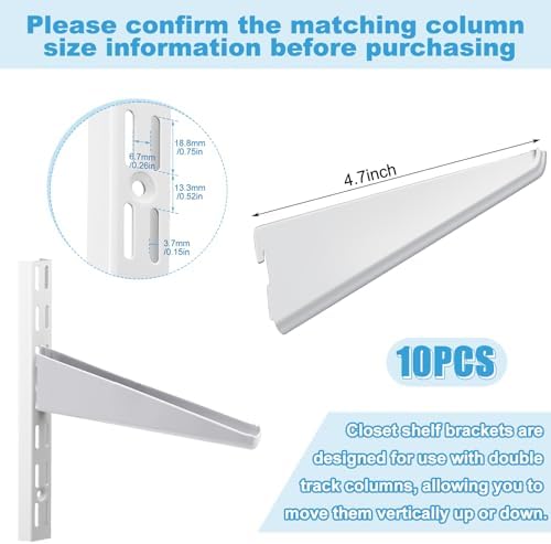 Yalikop 10 Pack Adjustable Shelf Brackets for Double Track System Closet Organization Heavy Duty Wire Shelf Brackets (White,4.7 Inches)