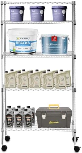 PayLessHere | 5-Tier Wire Shelf with Wheels | 14"x30"x60" | Chrome | Adjustable Racks | Heavy-Duty Storage Shelves, Holds Upto 220 lbs | Rust-Resistant, No-Tool Assembly | for Home, Garage Shelving