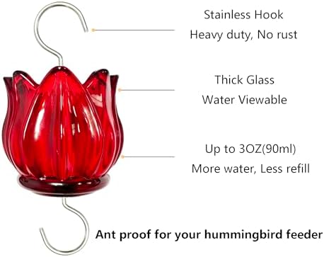 Real Glass Ant Moat for Hummingbird Feeders & Oriole Feeders Glass Tulip Shape Insect Guard with Large Capacity Flower Design Nectar Feeder Accessory Hooks (Red, 1 Pack)