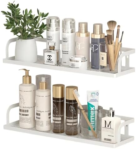 PUSDON 2-Pack 16.5" Extra Long Slim Hollowout Shower Caddy, Wall Mount Spice Rack & Bathroom Organizer, Mesh Bottom Cabinet Door Shelf Holds 50LBS - White, Hollowout